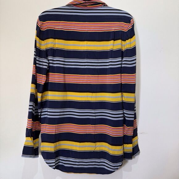 Equipment Femme Shirt Womens Small Navy Blue Striped 100% Silk Button‎ Up Top - Picture 13 of 15